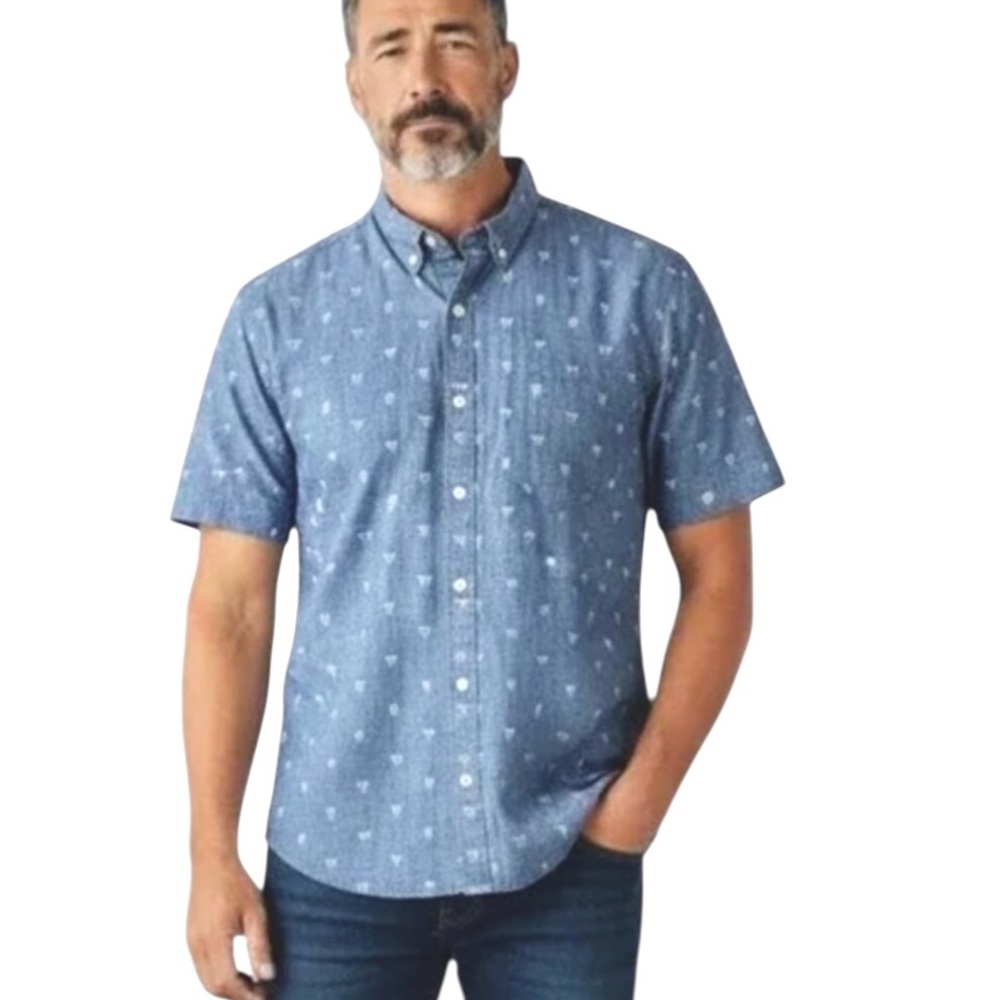 Bonobos Chambray Short Sleeve Button Down Shirt Slim Fit Hand Gestures Print XL